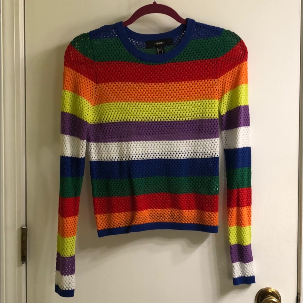 Retro Rainbow Mesh Knit Long Sleeve Shirt